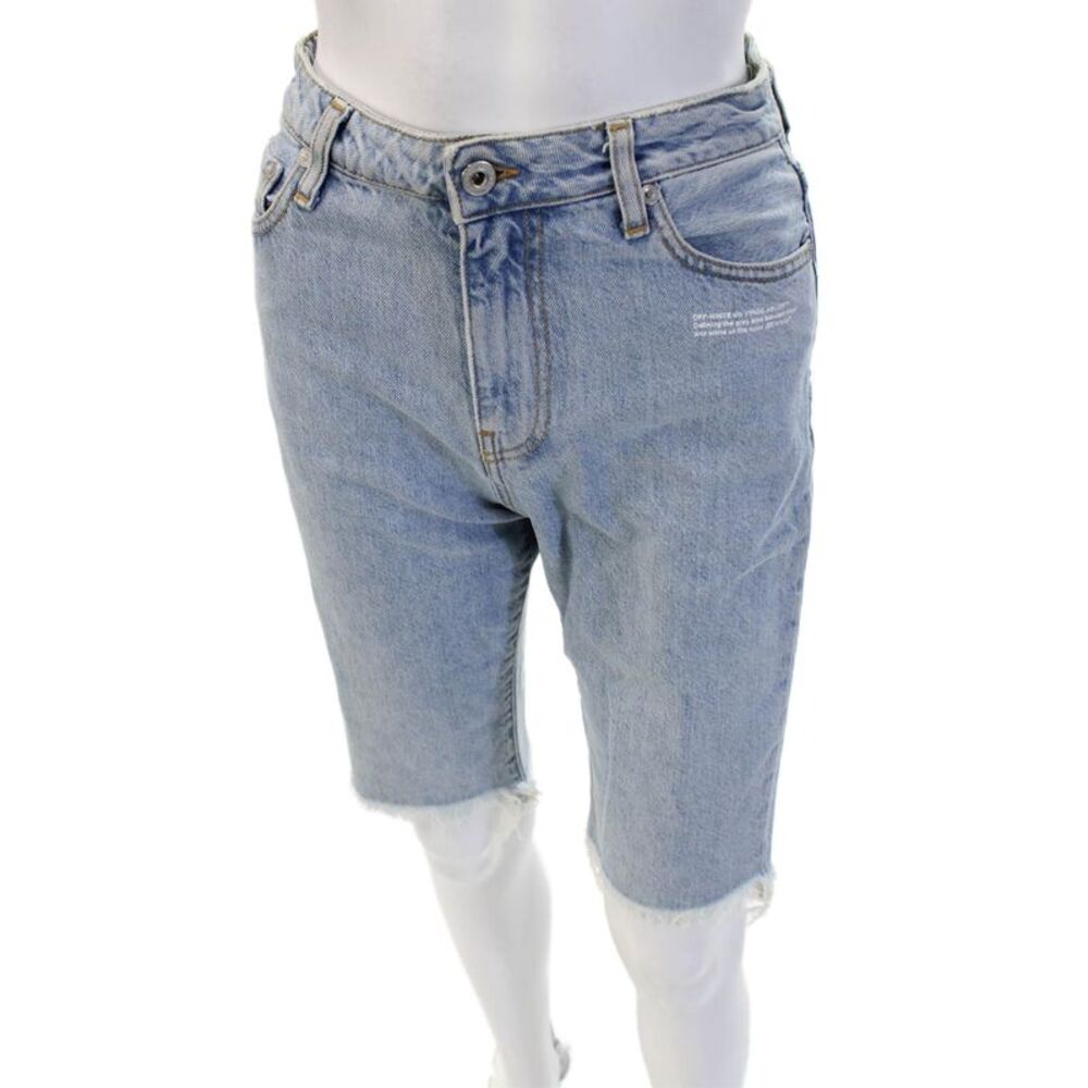 Off White Women Designer Bermuda Shorts Light Blue 100% Cotton Button Size 24